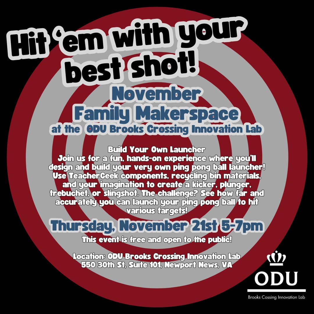 🚀 Ready, Set, Launch! 🚀
Join us on Nov 21 from 5-7 PM at ODU Brooks Crossing Innovation Lab to build your own ping pong ball launcher with TeacherGeek kits! 🎯 Test your design, improve accuracy, and compete in fun challenges—perfect for all ages!