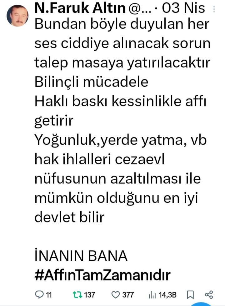 N.Faruk Altın (@farukal50786969) on Twitter photo Sn <a href="/dbdevletbahceli/">Devlet Bahçeli</a>
Kararlı duruşunu
VAKİT TAMAM Sözleriyle devam ettirdi,
Bu sözleri terörü bitirmek için af dahil tüm seçenekler için düğmeye basma zamanının geldiğini ifade ediyor
VAKİT TAMAM İSE
#AffınTamZamanı Sn <a href="/dbdevletbahceli/">Devlet Bahçeli</a>
Kararlı duruşunu
VAKİT TAMAM Sözleriyle devam ettirdi,
Bu sözleri terörü bitirmek için af dahil tüm seçenekler için düğmeye basma zamanının geldiğini ifade ediyor
VAKİT TAMAM İSE
#AffınTamZamanı