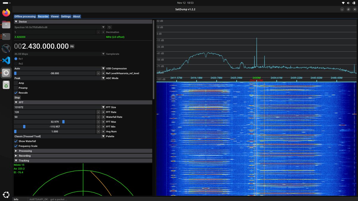 Managed to get the <a href="/Aaronia_AG/">Aaronia AG</a>  Spectran V6 ECO running with #satdump <a href="/original_lego11/">lego11 📡</a> . Needed coded changes are actually not that much.