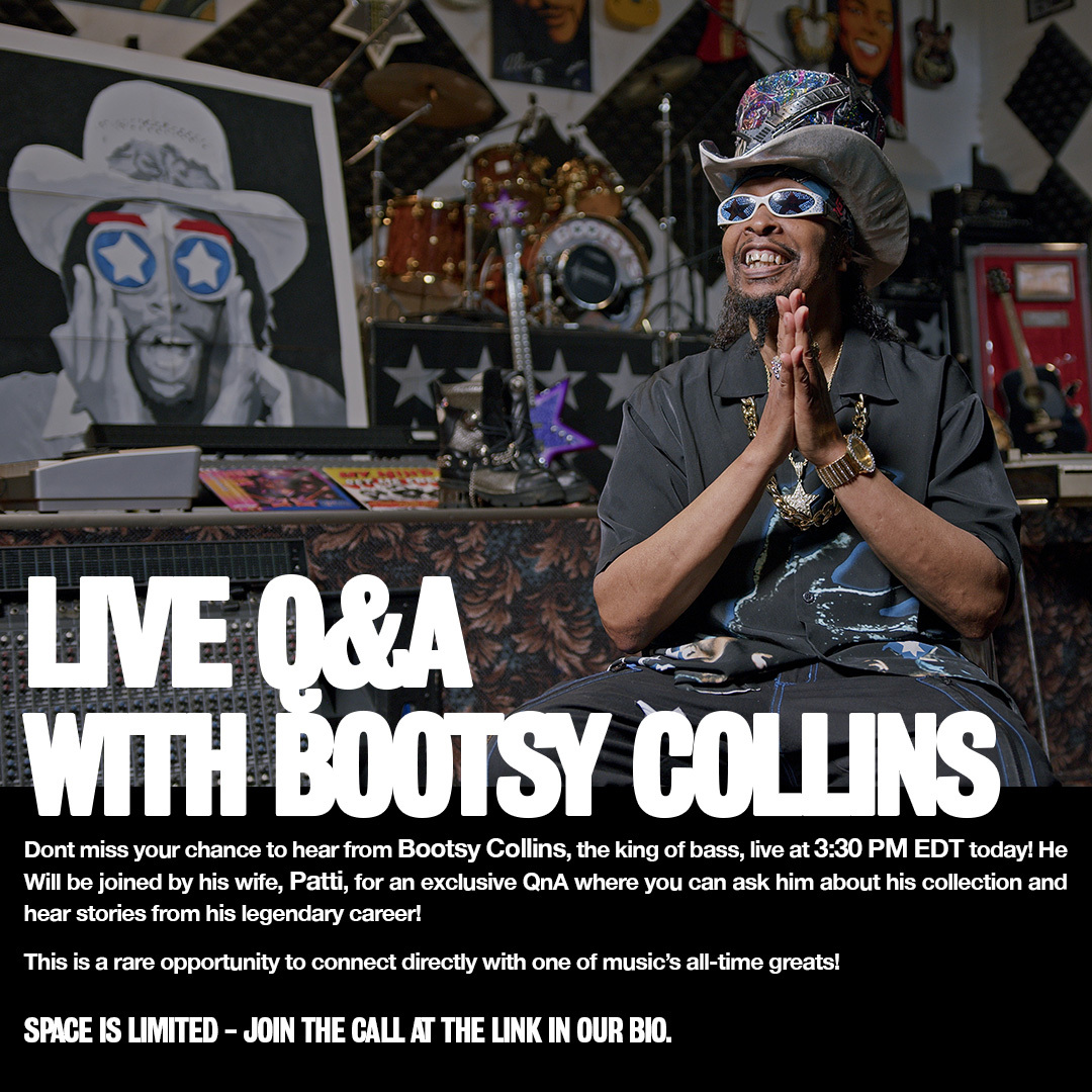 Wax Poetics (@waxpoetics) on Twitter photo Don’t miss your chance to hear from <a href="/bootsy_collins/">Bootsy Collins</a>, the King of Bass, live at 3:30 PM EST today! He’ll be joined by his wife, Patti, for an exclusive Q&A about his collection. Space is limited—join the call here later today! meet.google.com/wdy-cdrf-gme Don’t miss your chance to hear from <a href="/bootsy_collins/">Bootsy Collins</a>, the King of Bass, live at 3:30 PM EST today! He’ll be joined by his wife, Patti, for an exclusive Q&A about his collection. Space is limited—join the call here later today! meet.google.com/wdy-cdrf-gme