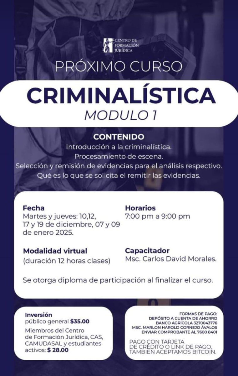 📢 ¡Atención, abogados y estudiantes de derecho!

🔸 Modalidad: Virtual, en vivo por Zoom.

📲 Inscripciones abiertas: Envíanos un mensaje al 7600 8401  para más información.

Centro de Formación Jurídica 
Excelencia y Prestigio.
