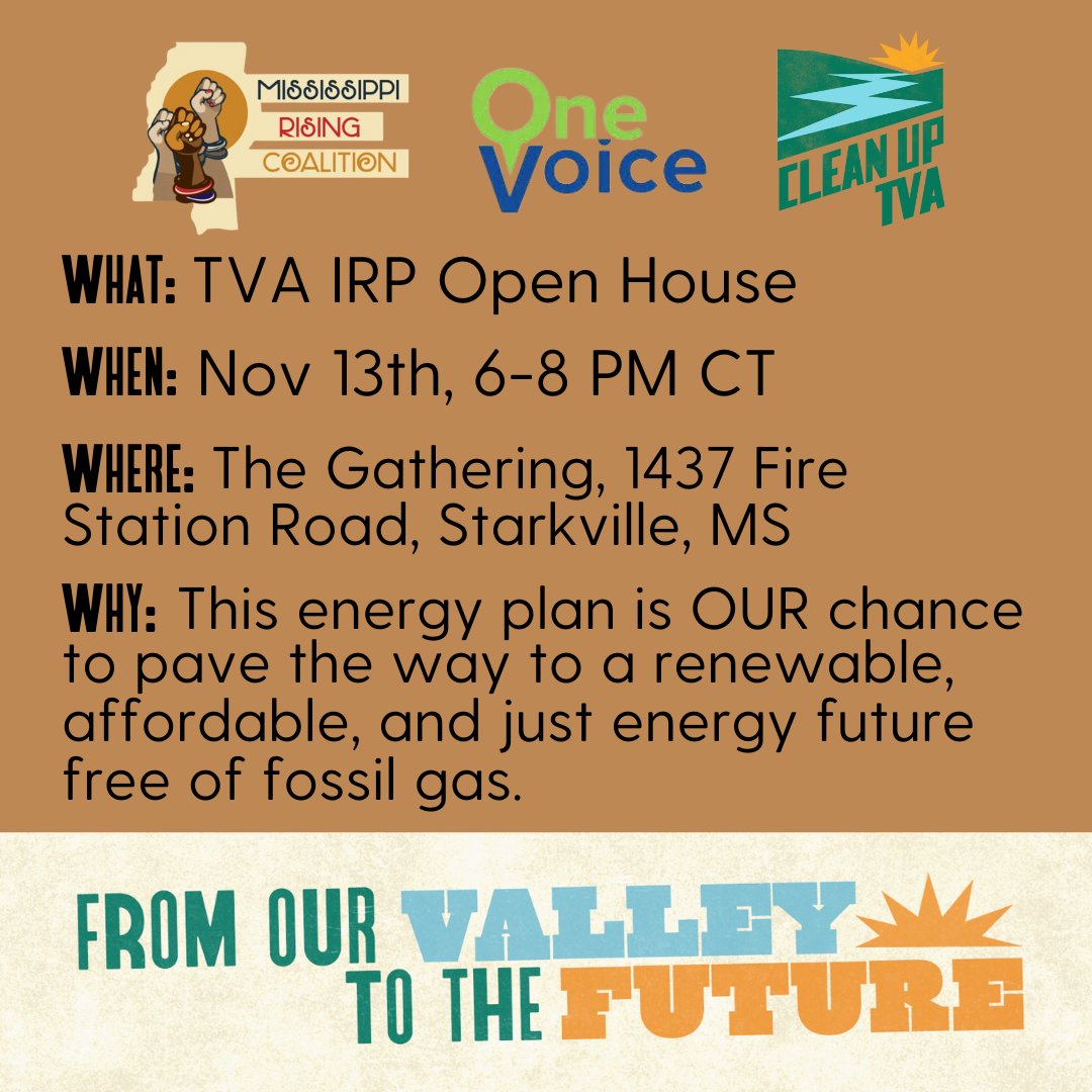 CleanUpTVA's tweet image. We've got 3 TVA IRP Open House events in a row this week, starting tonight in Huntsville, AL, then Starkville, MS, and finishing up in Memphis, TN, 6-8pm CT. Take the chance to let TVA know we want to see bold, transformative planning from them, not the status quo! #PassOnGass