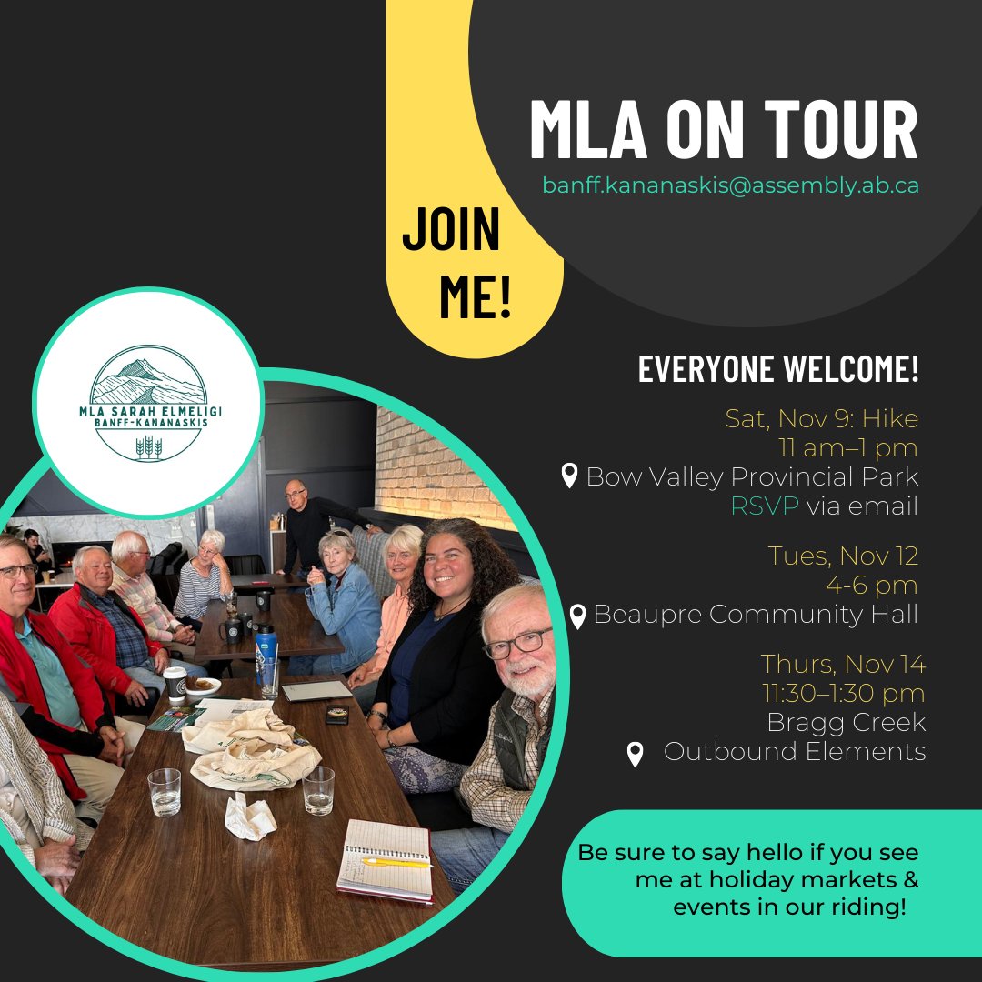 *JOIN ME THIS WEEK* at MLA on Tour events 

Tues, Nov 12: Beaupre 
Thurs, Nov 14: Bragg Creek  

#mla #mlaontour #bkn #banffkananaskis #bowvalley #springbank #harmony #braggcreek #priddis #millarville #beaupre #community #engagement #ableg #abpoli