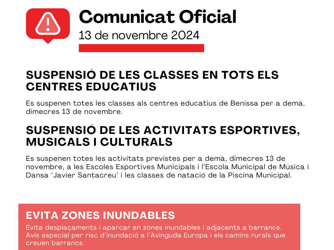 infobenissa's tweet image. Suspeses les classes demà 13 de novemembre als centres educatius de Benissa infobenissa.com/noticies/desta…