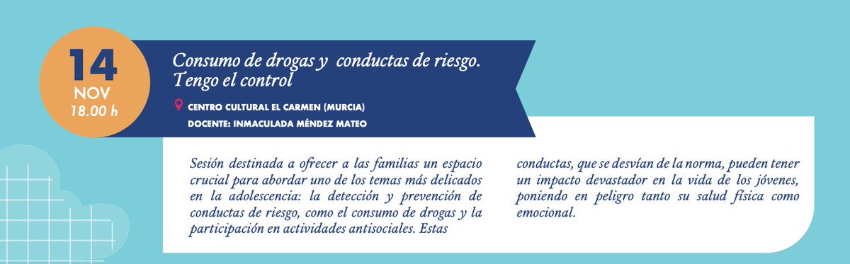 El jueves 14 de noviembre, a las 18:00h., en el Centro Cultural de El Carmen de Murcia, una nueva charla para familias, con Inmaculada Méndez Mateo. 
Esto es #formACCIÓN, abierto y en streaming. 
murciaeducadora.net/novedades/inde…