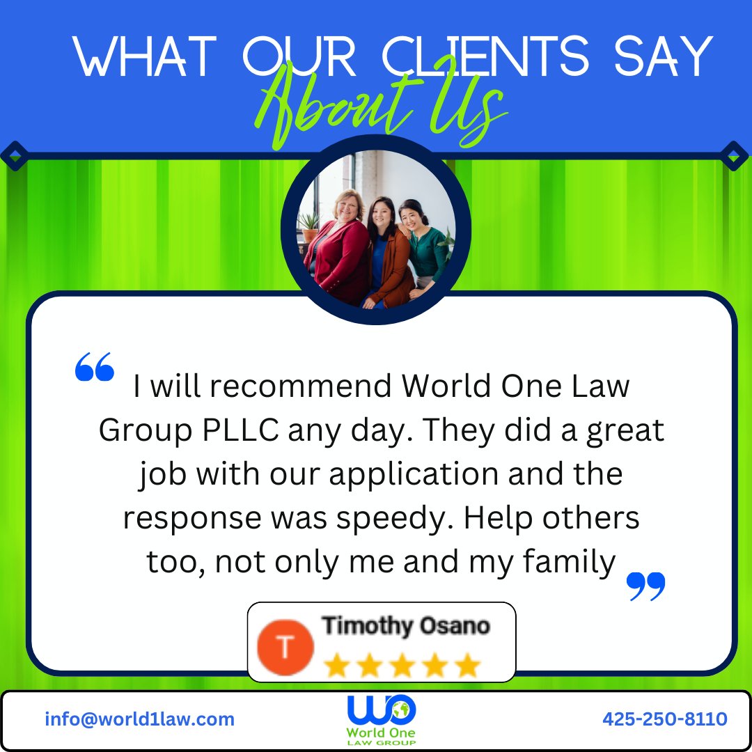 ✨ Timothy Osano says: "I will recommend World One Law Group PLLC any day. They did a great job with our application, and the response was speedy. Help others too, not only me and my family." 🌍
Thank you, Timothy! For immigration help? Reach out today! 🌐 world1law.com