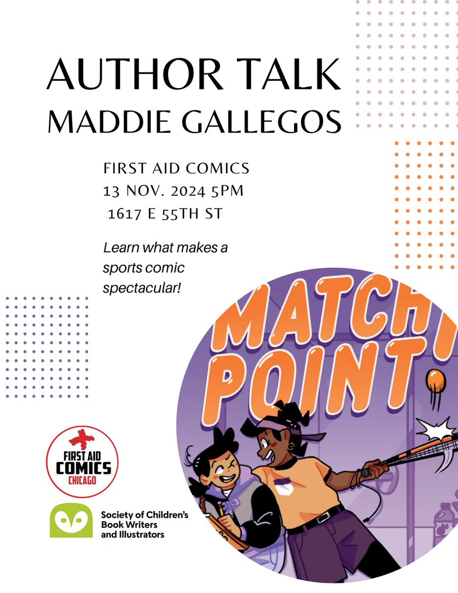 CAKEchicago's tweet photo. Learn what makes a sports comic spectacular!
This Wednesday, November 13th, at 5pm join one of our 2024 sponsors, First Aid Comics in welcoming Maddie Gallegos, author of the middle grade graphic novel Match Point!, for an author talk and signing!
https://t.co/EJWYlQvmvt... https://t.co/Yd9ccFuKHx