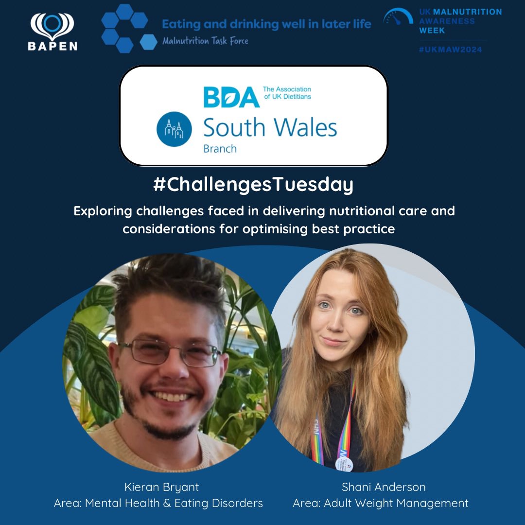 bdasouthwales's tweet image. UK Malnutrition Awareness Week - #ChallengesTuesday

South Wales Branch Committee Members @RDBryantUK &amp;amp; @shanianders 
share examples of challenges faced in both Mental Health Dietetics &amp;amp; Weight Management and considerations for optimising best practice 

#UKMAW2024 @BAPENUK
