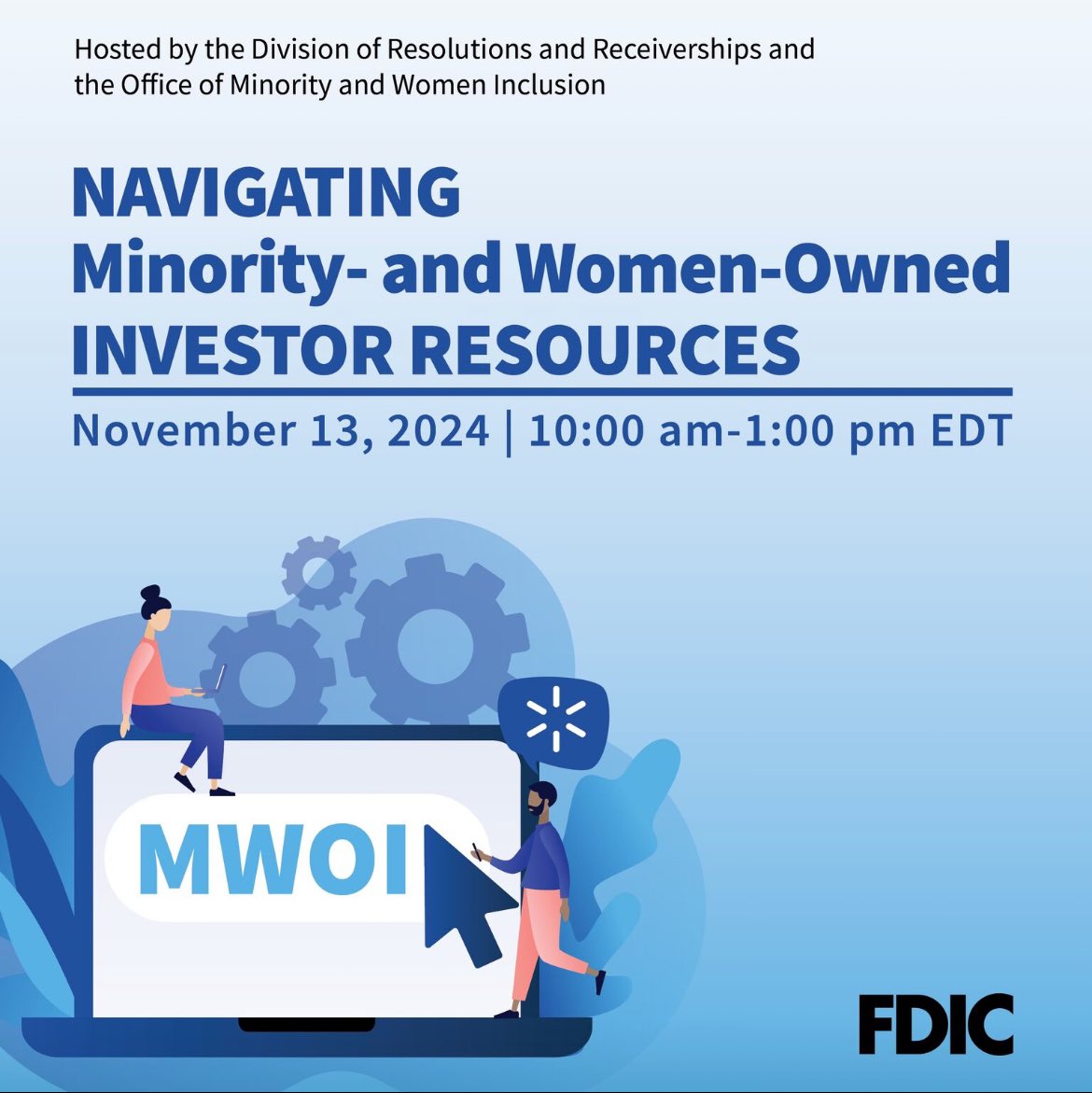 LatinBizToday's tweet photo. The FDIC welcomes and strongly encourages minority- and women-owned investors to participate in our upcoming technical assistance workshop, Navigating Minority- and Women-
Owned Investor Resources.
Register now: Visit https://t.co/mNMNEGMtmo to register for the webinar. https://t.co/bDry8a4Y9V