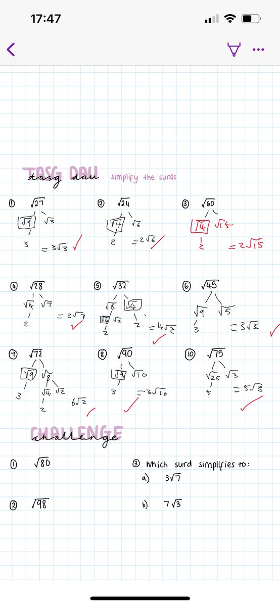 Thought I’d play around with how I teach simplifying surds this week to my Year 10s as I am tired of learners not loving the topic! Linking it to prime factor trees, but square factor trees and it has worked so well - I am late to this party! Da iawn Blwydden Deg 🤩👏🏼