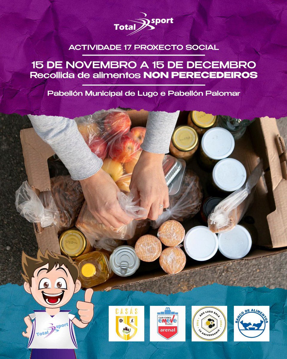 🥬 Do 15 de novembro ao 15 de decembro recolleranse alimentos non perecedeiros nos partidos do primeiro equipo de #SegundaDivisiónFS no Palacio Municipal dos Deportes de Lugo da man de <a href="/TotalSport_Lugo/">Total Sport</a>

Colabora cunha pequena aportación! 🥰

#ViaxaxonNós #TotalSport