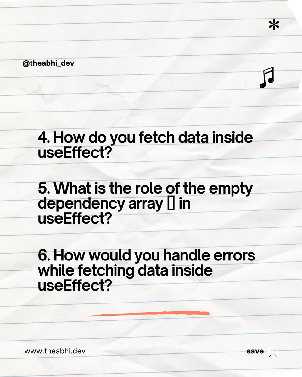 theabhi_dev's tweet image. React interview prep: Understand useEffect, side effects, data fetching, local storage use, and managing timers. Perfect your React knowledge! 🌟 #ReactInterview #JavaScript #MERN #CodingInterview #ReactHooks #75DaysMERNChallenge