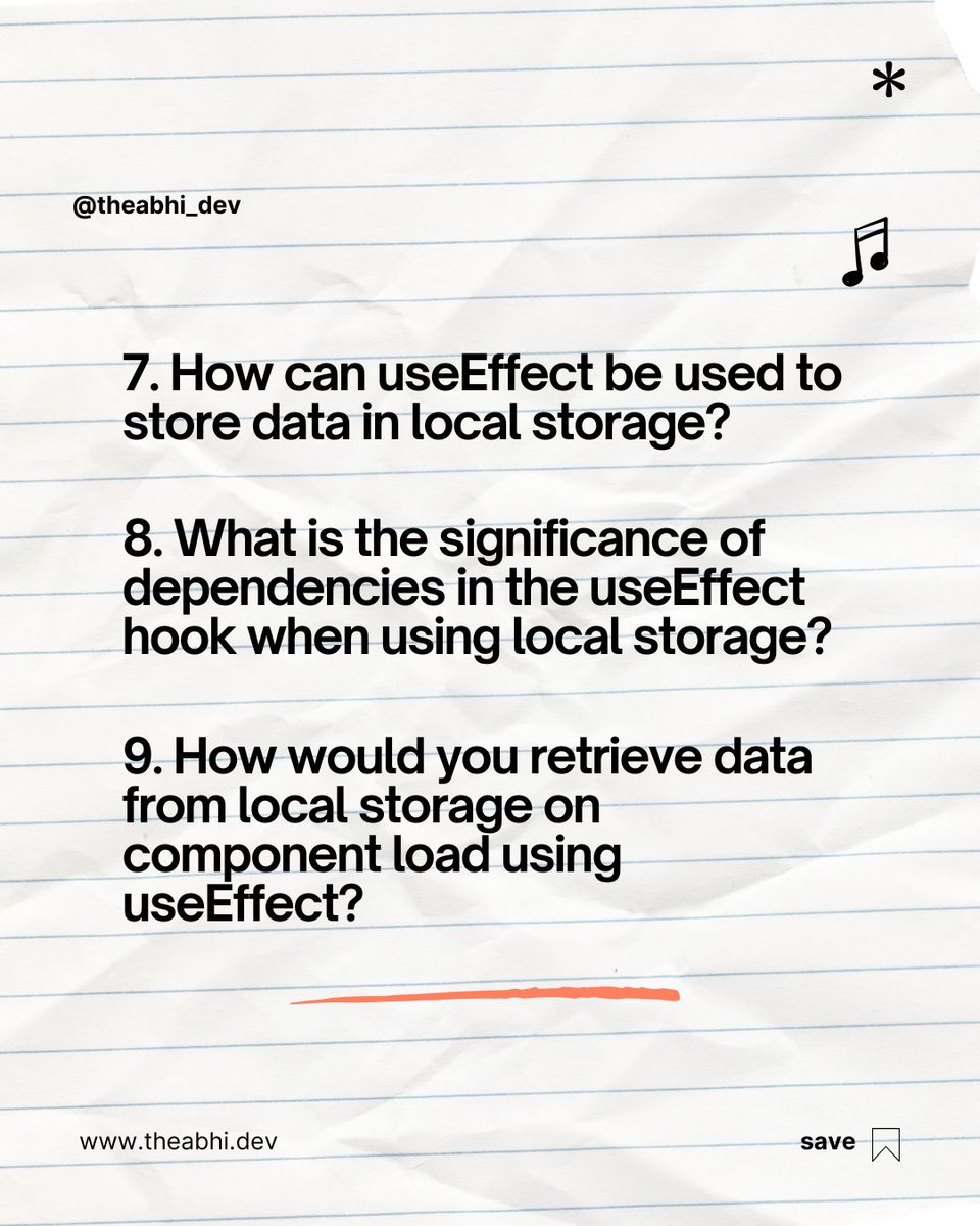 theabhi_dev's tweet image. React interview prep: Understand useEffect, side effects, data fetching, local storage use, and managing timers. Perfect your React knowledge! 🌟 #ReactInterview #JavaScript #MERN #CodingInterview #ReactHooks #75DaysMERNChallenge