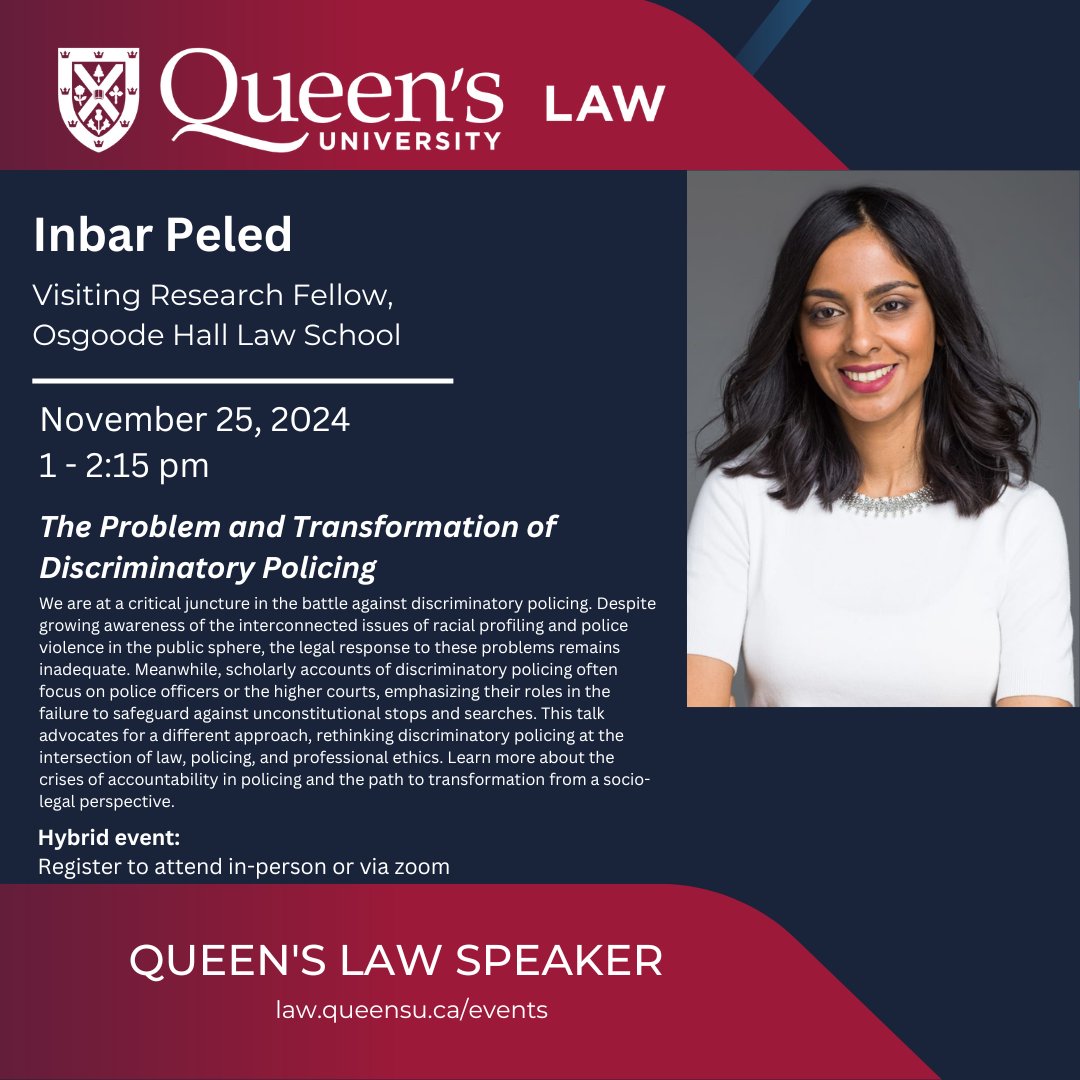 Queen's Law (@queensulaw) on Twitter photo Join Osgoode Visiting Research Fellow <a href="/InbarPeled1/">Inbar Peled</a> at #QueensULaw on Nov. 25 for a talk on “The Problem and Transformation of Discriminatory Policing.” Register to attend in person or online at law.queensu.ca/events/visitin… <a href="/QueensSPS/">Queen's University School of Policy Studies</a> <a href="/QueensUSoc/">Queens U Sociology</a> <a href="/ColleenFlood2/">Colleen M. Flood</a> Join Osgoode Visiting Research Fellow <a href="/InbarPeled1/">Inbar Peled</a> at #QueensULaw on Nov. 25 for a talk on “The Problem and Transformation of Discriminatory Policing.” Register to attend in person or online at law.queensu.ca/events/visitin… <a href="/QueensSPS/">Queen's University School of Policy Studies</a> <a href="/QueensUSoc/">Queens U Sociology</a> <a href="/ColleenFlood2/">Colleen M. Flood</a>