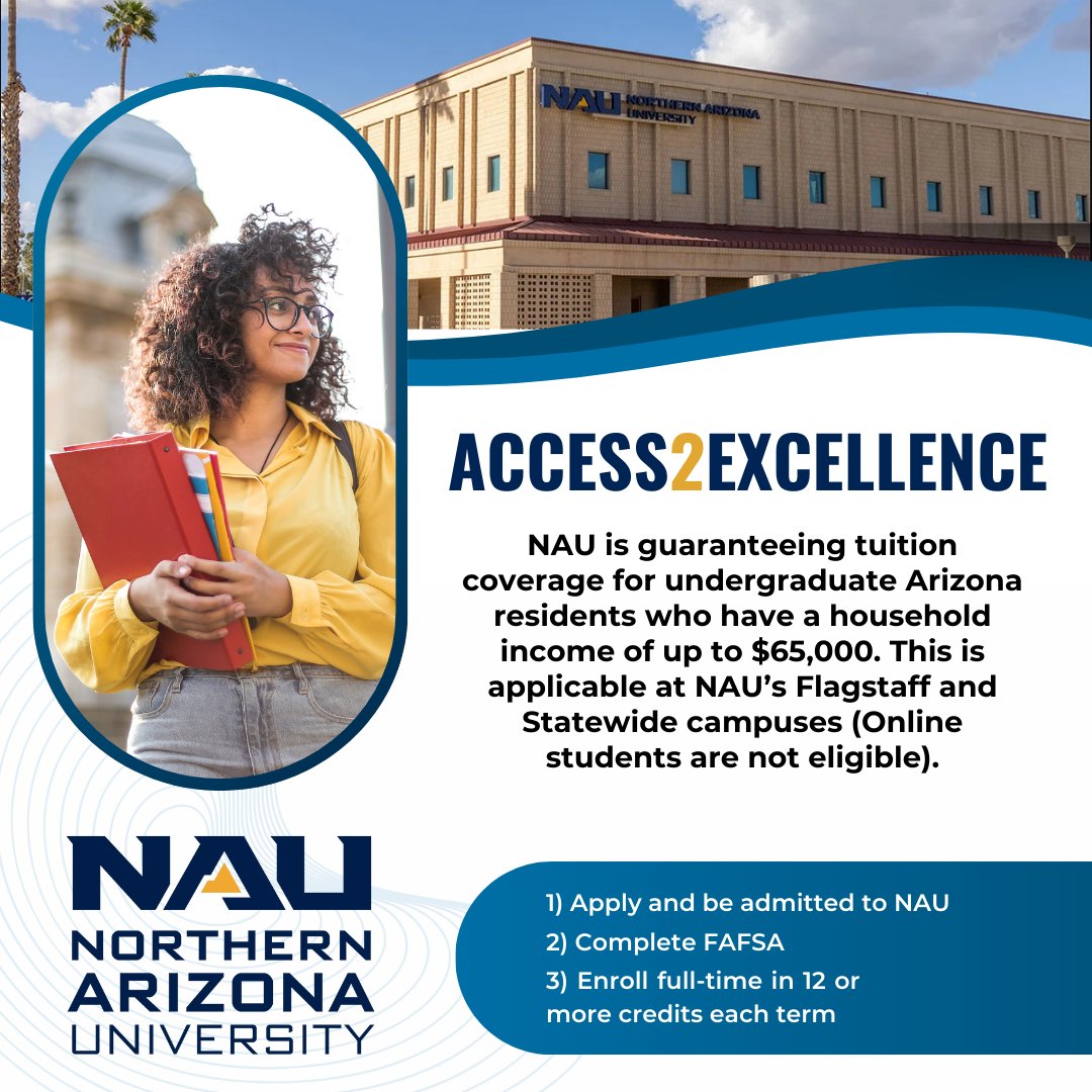 Northern Arizona University is offering tuition coverage for Arizona undergraduate students with household incomes of $65,000 or less, available at both Flagstaff and Statewide campuses (excluding online students). 

#nau #nauyuma #lumberjack