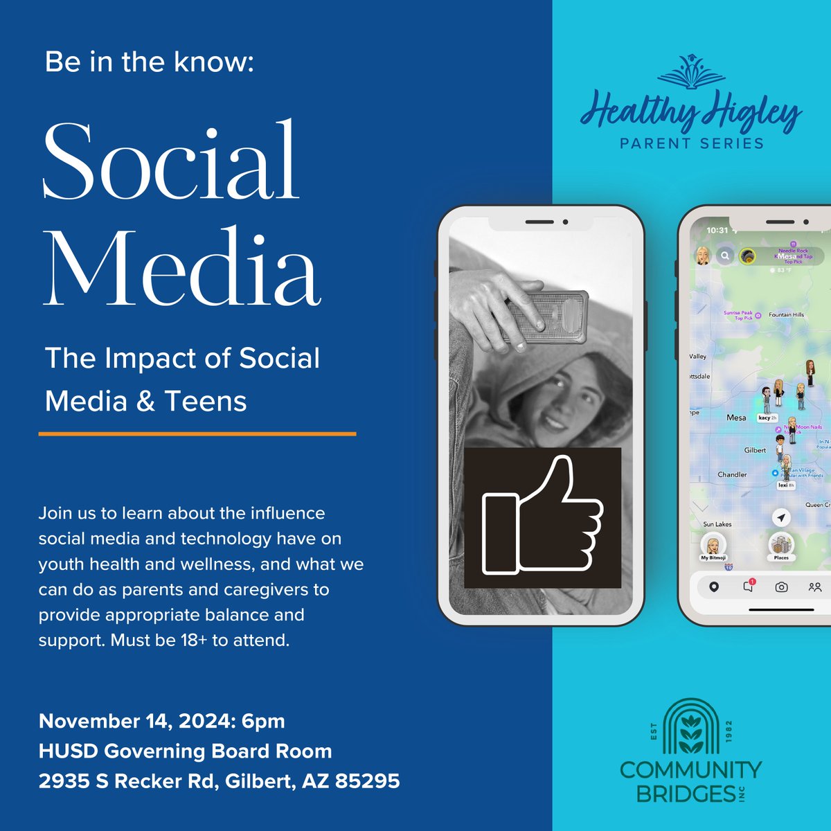 Join us on Thursday, November 14, at 6 PM in the District Office Governing Board Room for a community lecture discussing the latest insights on the intersection of social media, technology, and teen well-being.

Must be 18+ years of age to attend.