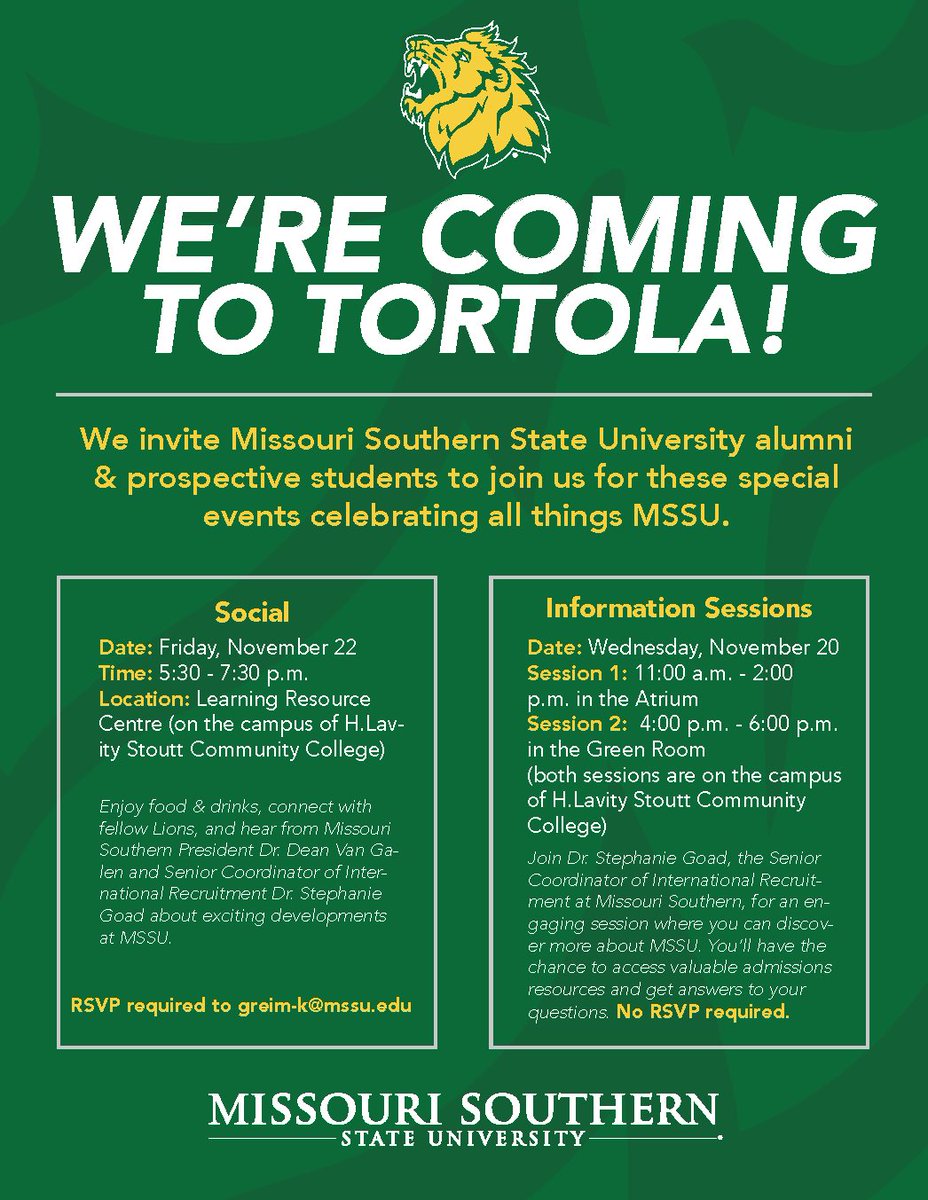 HLSCC is excited to welcome Missouri Southern State University to its campus as part of #HLSCCTransferWeek with events for the HLSCC Community, #MSSU alumni and prospective students.  💛💚🤍