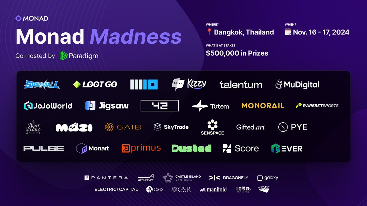 monad's tweet photo. Monad Madness Bangkok will go LIVE this Saturday 🇹🇭

Teams will compete for $500,000 in prizes and top tier VC attention. Live stream will be ON.

Here’s a list of the 25 brave contenders:

@RareBetSports: Building the culture of sports onchain. Powered by RareLink and a suite of consumer friendly dApps, all fueled by the RBS Oracle

@gaib_ai: The economic layer for AI, tokenizing GPUs and their yield to make compute a new asset class. Inspired by the 'spice' of Dune, Gaib unlocks the trillion-dollar AI & compute market for all

@gifteddotart: An email delivery platform for onchain goods that makes sending and receiving tokens delightful. Gifted delivers with a beautiful unwrapping experience, an intuitive interface, and brand customization

@dusted_app: Automatic chats for every token you hold. Cause chaos or trade alpha, and use DeFi tooling for absolute community freedom

@fortytwonetwork: Decentralized AI network that enables small models to unite into a powerful swarm intelligence

@jigsawdefi: New efficient frontier for collateralized-debt position (CDP) collateral by putting it to work to earn more yield

@JoJoWorld2022: A 3D data platform, overcoming the barrier of expensive and scarce data to scale spatial models

@kizzymobile: Tap into the new world of social media betting. Bet on your favorite creators and influencers from top social platforms all in a single app

@PlayMaterial10: A next-gen video game publisher and developer creating a truly fresh shooter game with a player-driven economy and novel business model

@MuDigitalHQ: Bringing corporate lending onchain, the gateway to enhanced yield and liquidity  

PaperPlane: A lifestyle app that transforms how customers eat, drink, and get rewards. PaperPlane provides both a seamless payment infrastructure and an ad infrastructure for the F&B industry

@webuildscore: Unifying fragmented data across global football to deliver elite analytics. Empowering players, at all levels, with a unified identity that drives game-changing opportunities across the industry

@SkyTradeNetwork: The air rights marketplace that lets you monetize airspace.

@lootgoapp: A free walk-to-earn mobile app turning your daily life into treasure hunt. The easiest way to explore, earn and trade the next 100x memecoins.

@monartxyz: A Monad-native cultural incentive protocol, bringing fun to users through toys and mystery boxes

@monorail_xyz: The next evolution in aggregation, merging orderbook efficiency with AMM liquidity into personalized orderbooks to give you the best possible trade

@mozifinance: A lossless crypto experience powered by yield bearing assets. Make every token count by using the yield to participate in more protocols

@primus_labs: A leading cryptography technology provider that combines MPC-TLS and zkFHE techniques in its verification and computation network. With Primus, data processing can be done in a private manner, bridging authenticated data from web2 to web3 seamlessly

@PulseNoLimits: Pulse is breaking the health data oligarchy by allowing users to own their data and be rewarded for it. The DePIN network is powered by it's native wearable that gives insights on sleep, calories, exercise and energy levels

@pyefinance: A marketplace for proof of stake yield - connecting stakers who want to sell their future yield at a discount with those looking to buy it 

Ever Network: Ushering in a new era of decentralized healthcare and data sovereignty. Empowering users to own and monetize their health records

@senspace_studio: An onchain chat app that rewards users for having good conversations. Grab an avatar and earn Sen by chatting with others about what’s on your mind

@playSparkball: A 4v4 adrenaline-packed ‘sports brawler’ where players select from a cast of lovably unique heroes and carefully balance both ballin’ and brawlin’ to score in the enemy team’s goal!

@TalentumID: Talentum unifies users' on-chain and off-chain credentials, creating a Web3 social attention layer

@AI_Totem: Capture, unlock, and monetize the untapped data value living in day to day conversations. Bringing new utility to AI DePIN