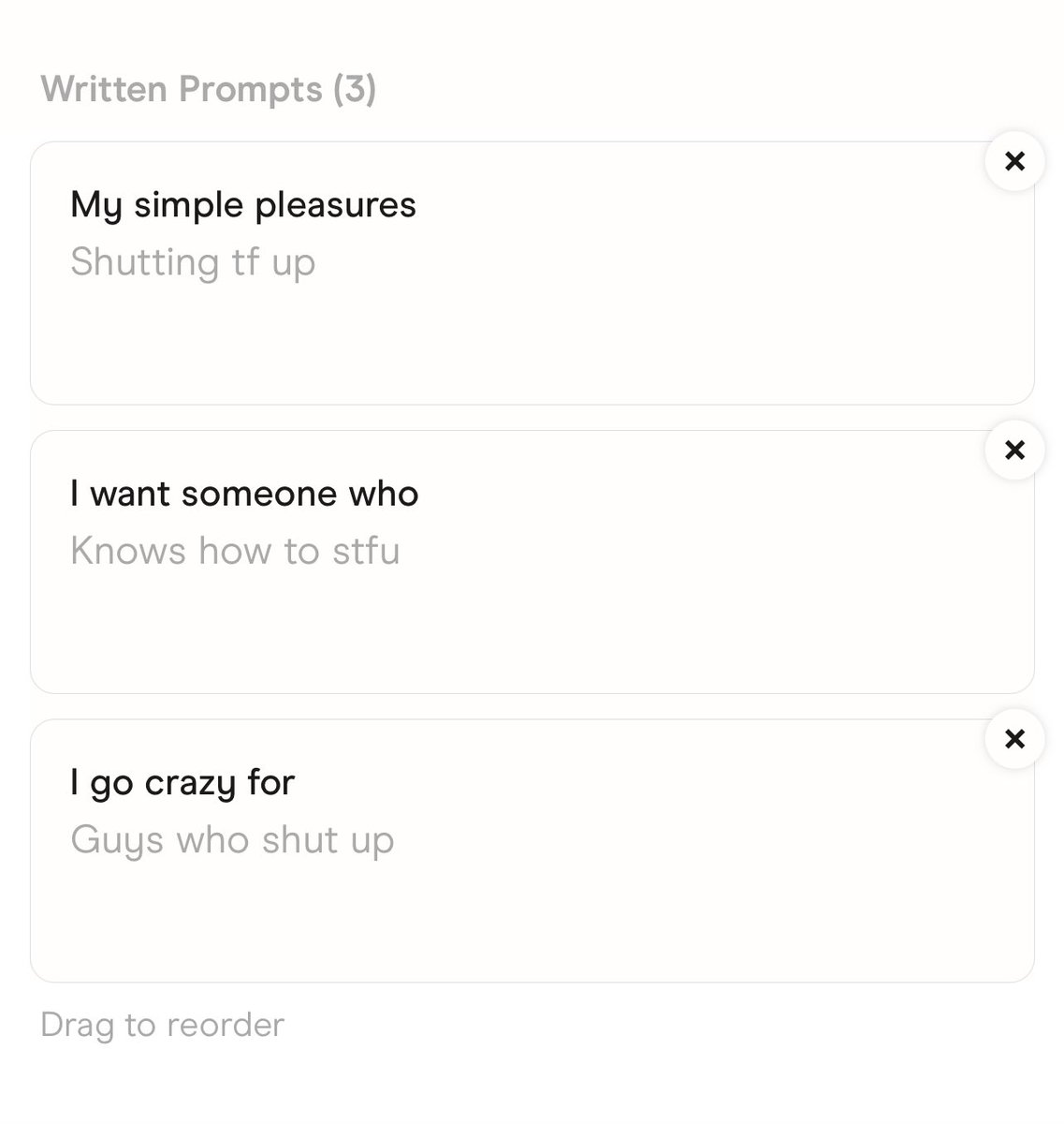 chanparton's tweet photo. Why my hinge prompts still get likes is beyond me https://t.co/mofzP3joG8