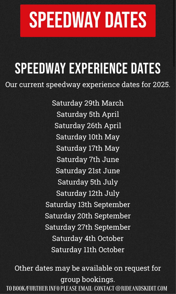 Our 2025 speedway experience dates are now available!!

For further information or to book please email: contact@rideandskidit.com 

#rideandskidit