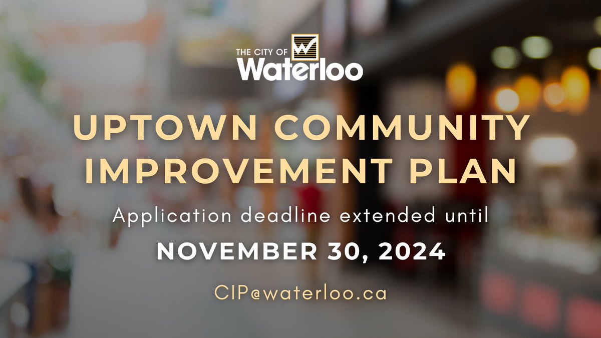 City of Waterloo Economic Development (@citywatecdev) on Twitter photo Applications for the Uptown Community Improvement Plan (CIP) have been extended until Nov 30, 2024!📢
Eligible property owners and tenants in <a href="/uptownwaterloo/">Uptown Waterloo</a> can apply for grants to support various renovation projects.
More info: cip@waterloo.ca or 🔗 bit.ly/2IFyUfv Applications for the Uptown Community Improvement Plan (CIP) have been extended until Nov 30, 2024!📢
Eligible property owners and tenants in <a href="/uptownwaterloo/">Uptown Waterloo</a> can apply for grants to support various renovation projects.
More info: cip@waterloo.ca or 🔗 bit.ly/2IFyUfv