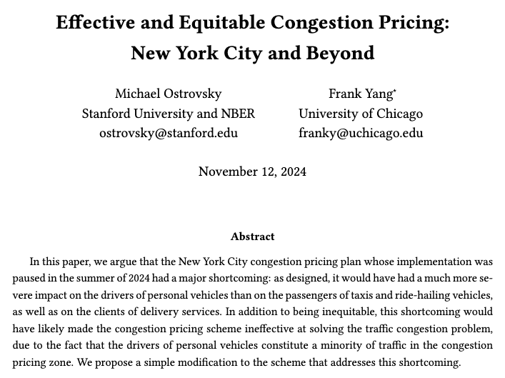 New paper on how to fix #CongestionPricing in New York City. Basic idea: Uber/Lyft/taxi passengers and delivery services need to pay per-trip or per-mile tolls commensurate with those paid by the drivers of personal cars. The toll on the latter can then be lowered to $9 per day.
