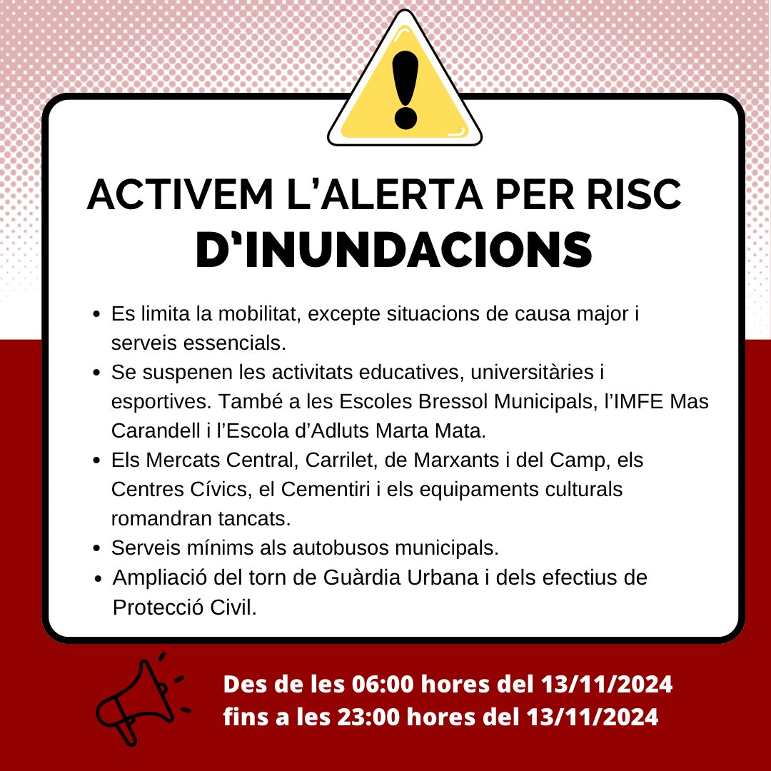 sandrage76's tweet photo. ⚠️ Molta precaució. Seguint les recomanacions d’ @emergenciescat per risc d’inundacions, activem diferents mesures per garantir la seguretat de la ciutadania a #Reus i les comarques del Baix Camp.

👉 Podeu ampliar la informació a https://t.co/q4fEfweeMy https://t.co/yHTGVbTQ1I