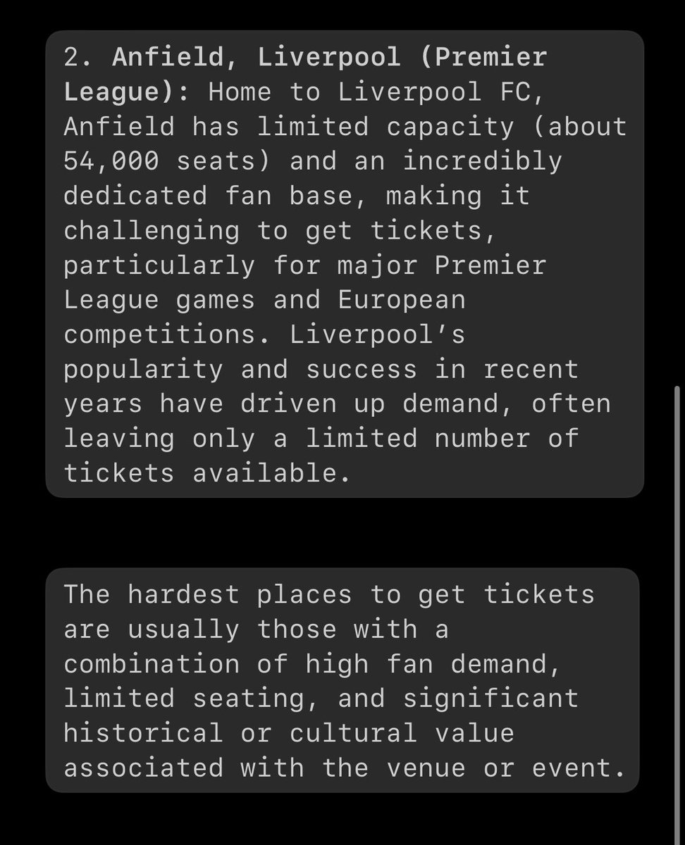 MrSikhMan's tweet photo. @lfctomo84 @LFC @LFCHelp @spiritofshankly Out of sheer fustration I asked chat gpt a question about general tickets sales. To think we came 2nd globally, makes me wonder how much @FenwaySportsGrp invest in quality infrastructure @LFC@ @LFCHelp for a smooth ticket sale. https://t.co/4cj1Ca67S6