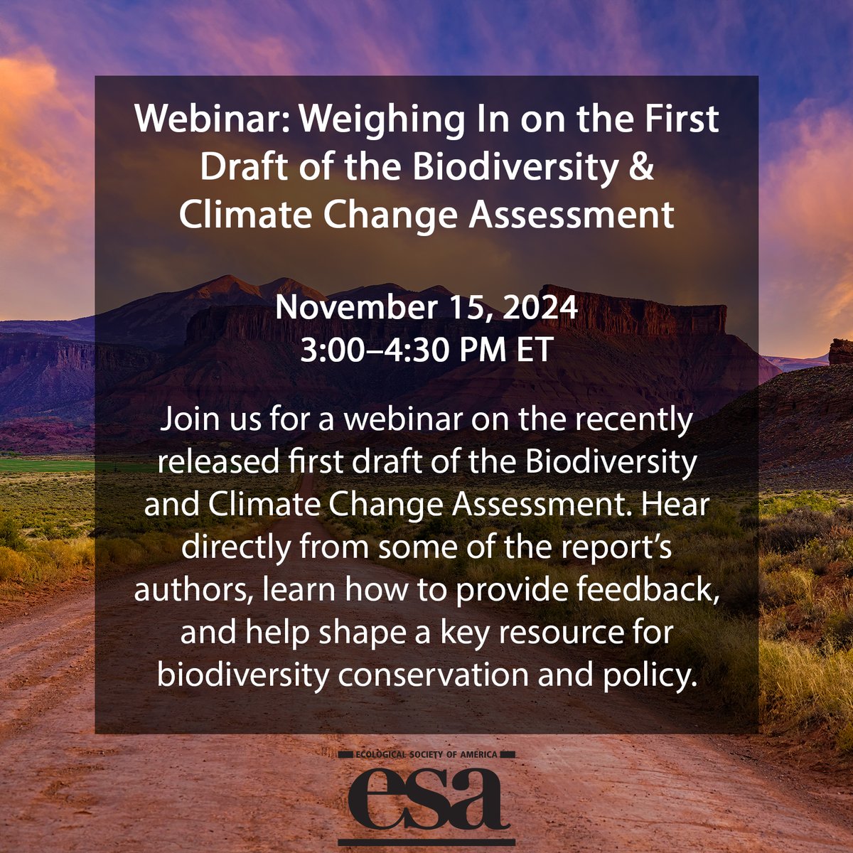 What is the Biodiversity &amp; Climate Change Assessment and how can ecologists share feedback on its recently-released 1st draft?🤔

Join us for a webinar with BCCA authors &amp; leaders to learn how you can contribute!
Nov 15, 3-4:30pm ET

Learn more &amp; register: esa.zoom.us/meeting/regist…