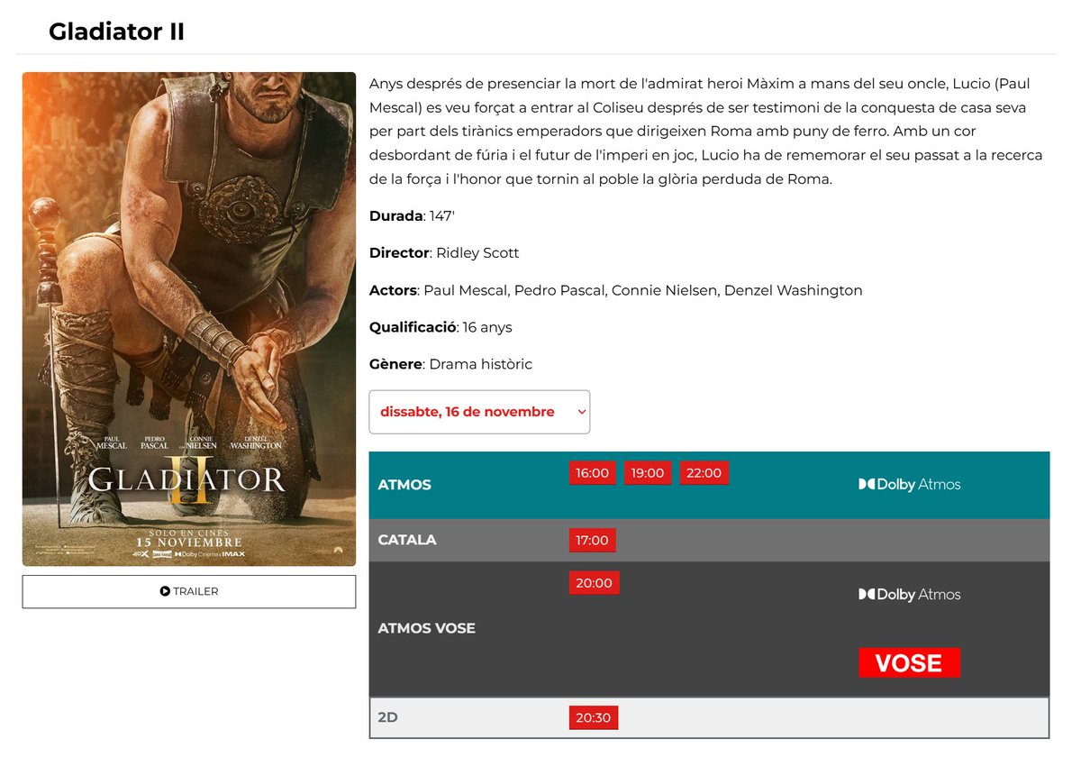 DoblatgeCatala's tweet photo. De moment, @ocine_es només ha programat 2 sessions de 'Gladiator 2' en català en 2 cinemes. A Girona a les 17h, i a Granollers a les 17:45.

Ni una sola sessió a Badalona, Tarragona, Blanes, Platja d'Aro, Arenys de Mar, El Vendrell, Vila-Seca, Sant Celoni o Roquetes. https://t.co/O92cVFshlw