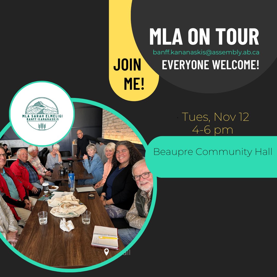 *JOIN ME TODAY* at MLA on Tour event

Tues, Nov 12: Beaupre

Everyone Welcome. No RSVP needed.
#mla #mlaontour #bkn #banffkananaskis #bowvalley #springbank #harmony #braggcreek #priddis #millarville #beaupre #community #engagement #ableg #abpoli
