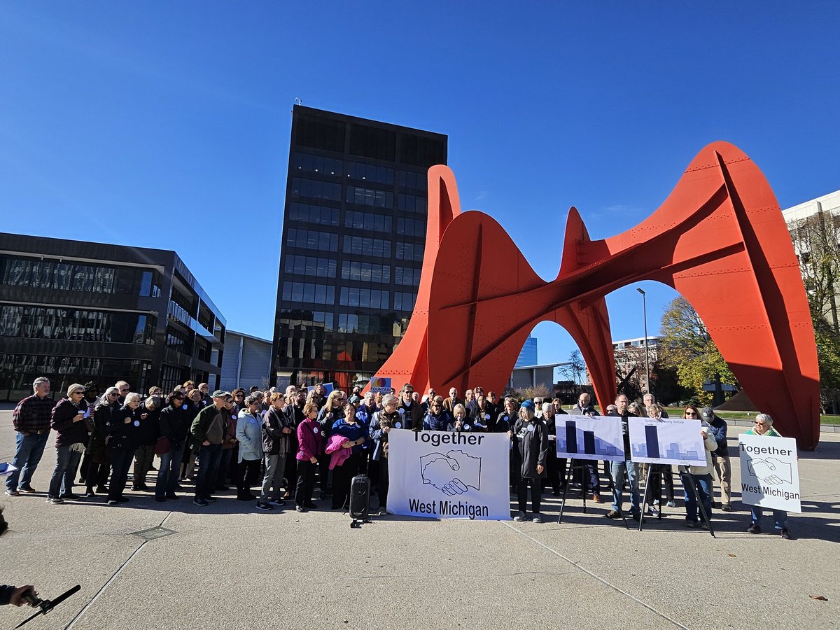 DMacLeanWOOD's tweet photo. Together West Michigan gathering in front of GR City Hall ahead of public hearing on the "3 Tower Project" proposed for Fulton and Market - asking for more contribution to the city's affordable housing fund as part of their proposed Transformational Brownfield Plan reimbursement. https://t.co/iIoRD5SLrB