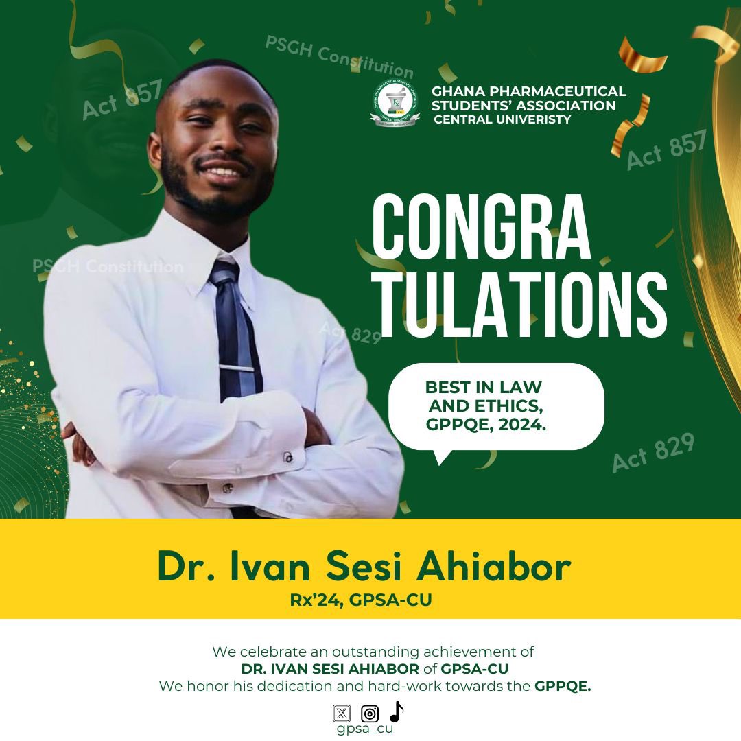 vicdoris's tweet photo. Celebrating Excellence! ����🎉 
A well deserved congratulations to Dr. Ivan Sesi Ahiabor, you've set the bar high as the BEST IN LAW AND ETHICS at the GPPQE 2024. Your dedication and hard work inspire us all. 
Here’s to more achievements! 🌟  
#GPSACU 
#PharmacyExcellence
#GPPQE https://t.co/6A7nF6pkeS