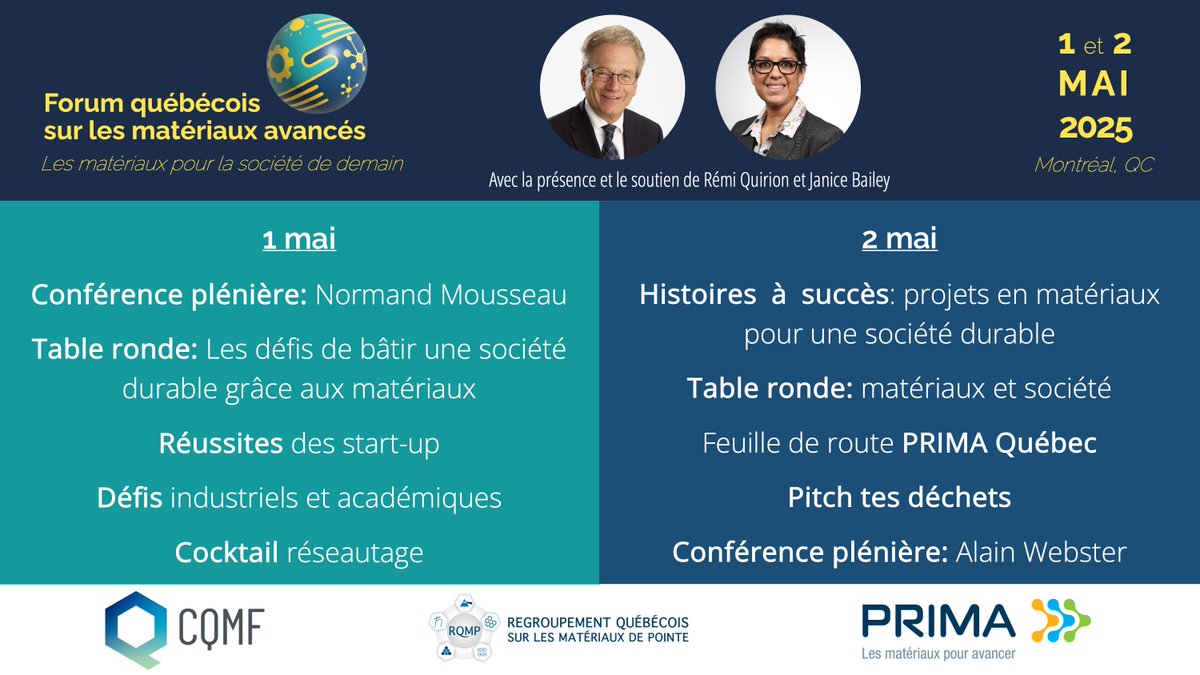 RQMP (@rqmp6) on Twitter photo Le FQMA aura l'honneur d'accueillir <a href="/SciChefQC/">Rémi Quirion</a> et <a href="/JaniceBailey6/">Dr. Janice Bailey</a> (<a href="/FRQ_NT/">FRQ - secteur Nature et technologies</a> ). Tous les organisateurs du FQMA tiennent à les remercier pour le soutien financier qui a rendu possible cette 2e édition.
Suivez les avancements du FQMA: event.fourwaves.com/fr/fqma-2025/p… Le FQMA aura l'honneur d'accueillir <a href="/SciChefQC/">Rémi Quirion</a> et <a href="/JaniceBailey6/">Dr. Janice Bailey</a> (<a href="/FRQ_NT/">FRQ - secteur Nature et technologies</a> ). Tous les organisateurs du FQMA tiennent à les remercier pour le soutien financier qui a rendu possible cette 2e édition.
Suivez les avancements du FQMA: event.fourwaves.com/fr/fqma-2025/p…