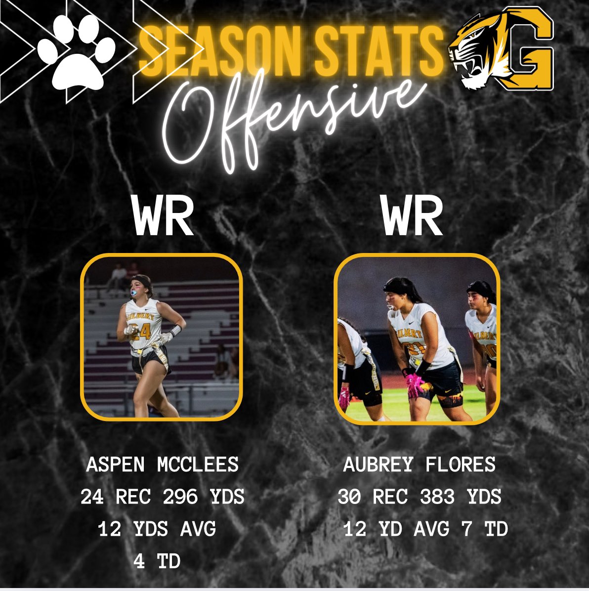 <a href="/Gilbert_Tigers/">Gilbert High School Athletics</a> downfield threats. A solid year for <a href="/Khalia_dana2025/">Khalia</a> even with missing games <a href="/GilbertGirlsBB/">Gilbert Girls’ Basketball</a> <a href="/AspenMcclees/">aspen.mcclees</a> first year football 12 yards per reception with 7 int 4 TD 

<a href="/jas_guerrero08/">Jasmine G.</a> making a name for herself as a shutdown corner and WR. <a href="/flores_aubrey07/">Aubrey Flores</a> Mrs