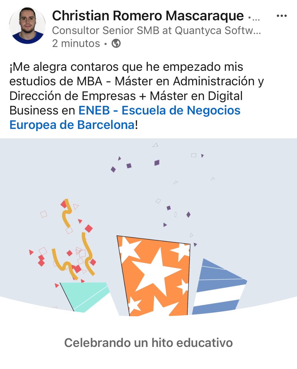Christian2500rm's tweet photo. A aquel niño que le dijeron que no iba a poder ir a la universidad ni sacarse una carrera, hoy está sacándose un MBA y un máster a la vez a base de no parar de currar hasta conseguirlo, cuanto orgullo 🥹 https://t.co/YxYfYNYuEK