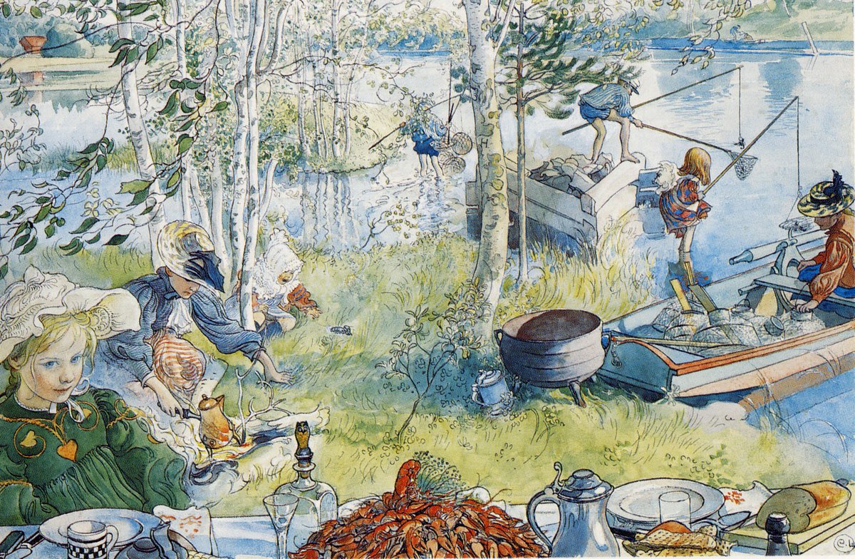 TheValkyriesVig's tweet photo. #HistoriasSuecas 🇸🇪 Ayer en clase de sueco en @InstitutNordic estuvimos hablando de alguno de los personajes más destacados y reconocidos de la historia de Suecia y, por supuesto, apareció Carl Larsson (Estocolmo 1853 – Falun 1919). ¿Y quién fue este señor? Pues uno de los pintores suecos más famosos, en especial sus acuarelas, y también diseñador de interiores. El espíritu IKEA no es gratis, amigas. Os cuento 🧵

📸Kräftskiva (Fiesta del cangrejo del río), 1894