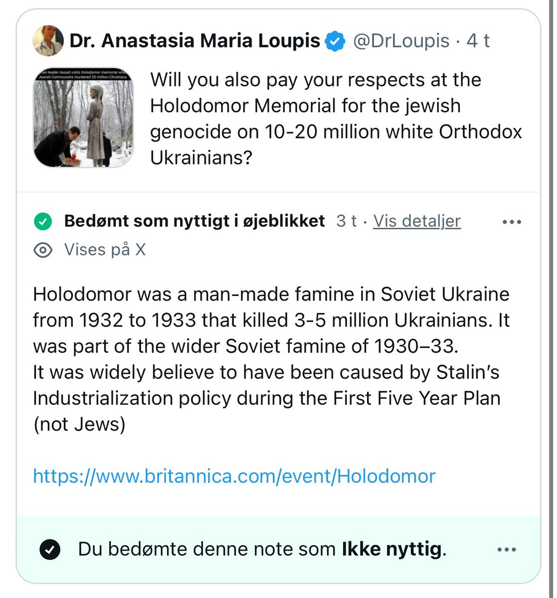 Palsvig's tweet image. Dear X
Please remove the false community note.
I think people should be jailed for Holodomor denying.
The people who made this community note should be jailed. 
Because jewish Bolsheviks killed 10 Million Ukrainians in 1931 and another 50 million Orthodox Christians and Muslims…