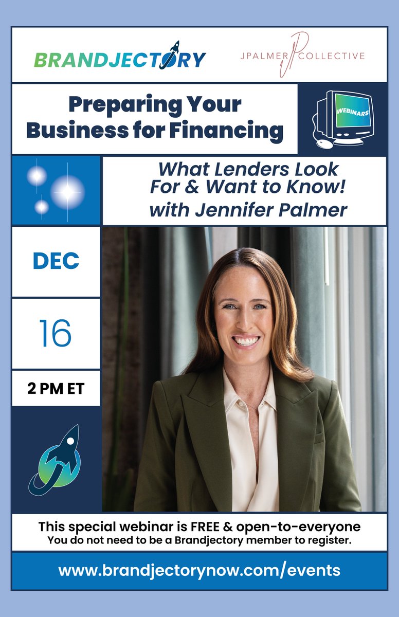 Our next open-to-everyone Brandjectory webinar will be a real winner for emerging brands! Jennifer Palmer, founder/CEO of JPalmer Collective, will be discussing "How to prepare for financing: What lenders look for &amp; need to know!"
 Register now: lnkd.in/gKa6gYgt