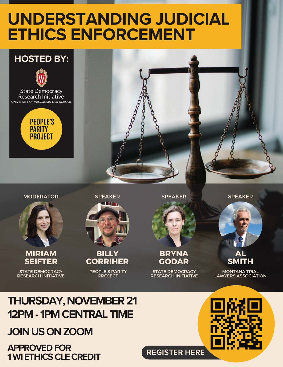 University of Wisconsin Law School (@wisconsinlaw) on Twitter photo Join panelists <a href="/BillyCorriher/">Billy Corriher</a>, @BrynaGodar and Al Smith for the "Understanding Judicial Ethics Enforcement" virtual panel Nov. 21, moderated by <a href="/UWLawDemocracy/">State Democracy Research Initiative</a>'s <a href="/MiriamSeifter/">Miriam Seifter</a>. This panel is approved for 1 Wisconsin Ethics CLE credit. Register at bit.ly/48KpAB4. Join panelists <a href="/BillyCorriher/">Billy Corriher</a>, @BrynaGodar and Al Smith for the "Understanding Judicial Ethics Enforcement" virtual panel Nov. 21, moderated by <a href="/UWLawDemocracy/">State Democracy Research Initiative</a>'s <a href="/MiriamSeifter/">Miriam Seifter</a>. This panel is approved for 1 Wisconsin Ethics CLE credit. Register at bit.ly/48KpAB4.