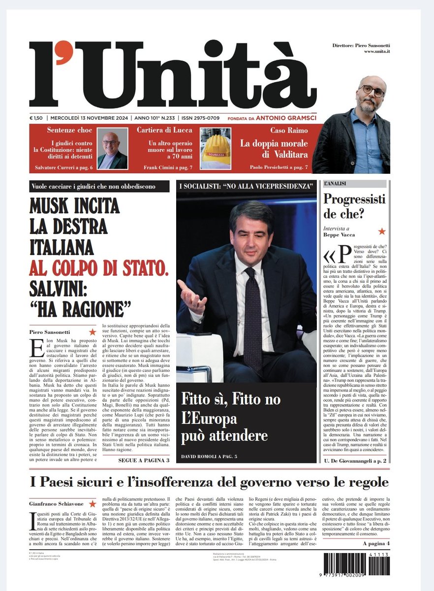 📰 La prima pagina dell’#Unità del #13novembre

Abbonati subito: bit.ly/ABBONATI-SUBITO