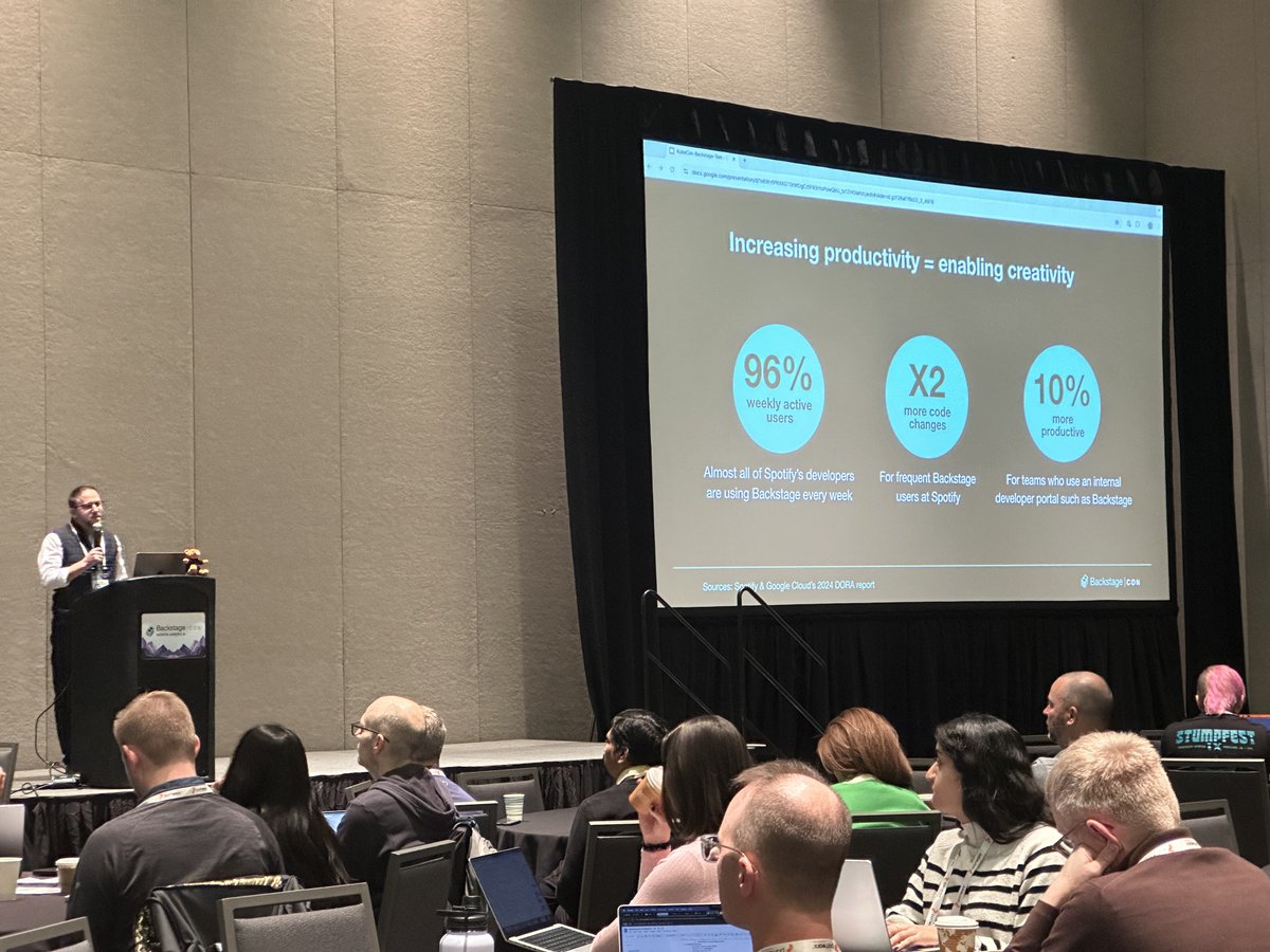 SpotifyEng's tweet photo. And #BackstageCon is on! Tom talked about how #Backstage unlocks creativity for developers, furthering @Spotify's mission. And Mitch &amp; Djamaile shared how to use open source tools to simplify maintaining your Backstage instance. #KubeCon #DevEx #CloudNative #Innovation https://t.co/F8uq4ioFq3