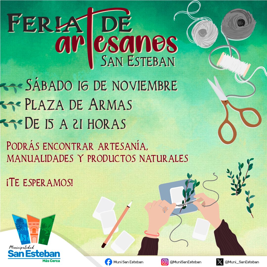 ¡Participa en la Feria de Artesanos que realizaremos este fin de semana!🎉💯

🏺 Dicha feria se desarrolla en el marco del Día Nacional del Artesano, para promover, valorar y reconocer los oficios de los artesanos chilenos y su aporte a la cultura del país.

#SanEstebanMásCerca❤️