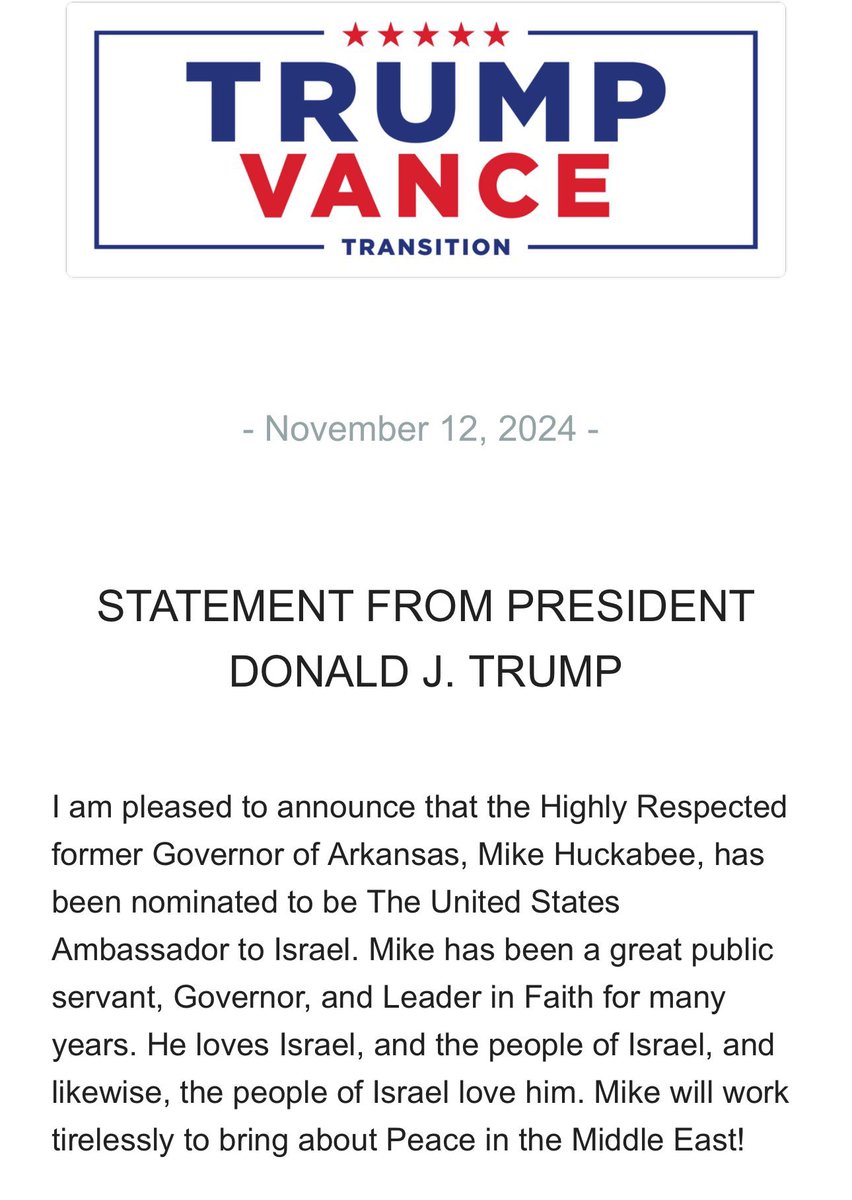 Sarah Huckabee Sanders (@sarahhuckabee) on Twitter photo Unbelievably proud that <a href="/realDonaldTrump/">Donald J. Trump</a> nominated my dad <a href="/GovMikeHuckabee/">Ambassador Mike Huckabee</a> to be US Ambassador to Israel!
I went to Israel for the first time with my dad when I was eleven and it changed my life. There is no one President Trump could have picked with a greater love for the Unbelievably proud that <a href="/realDonaldTrump/">Donald J. Trump</a> nominated my dad <a href="/GovMikeHuckabee/">Ambassador Mike Huckabee</a> to be US Ambassador to Israel!
I went to Israel for the first time with my dad when I was eleven and it changed my life. There is no one President Trump could have picked with a greater love for the