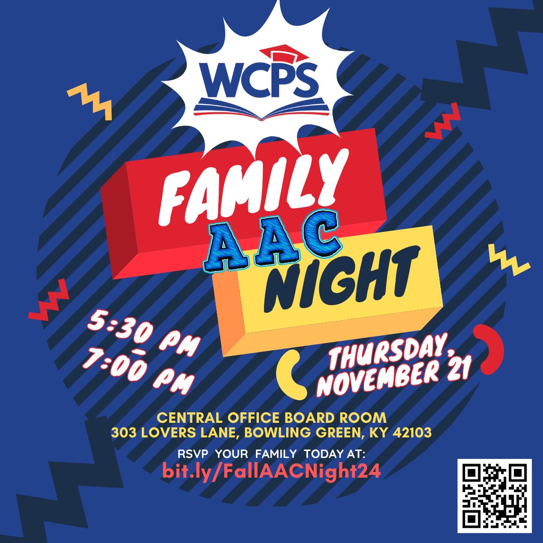 🎉 Join Us for Warren County Public Schools' First AAC Night! 🎉

📅 Date: Thursday, November 21st

🕒 Time: 5:30pm - 7:00pm

📍 Location: WCPS Board of Education - 303 Lovers Lane, Bowling Green, KY 42103 (1/2)