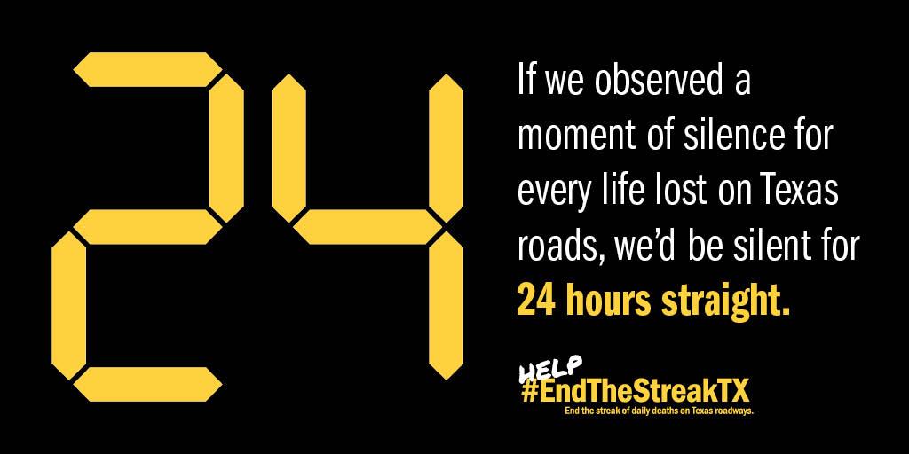 TxDOT's tweet photo. More than 87,000 people have died on Texas roads since Nov. 7, 2000. One life lost is one too many. #EndTheStreakTX https://t.co/FkqOikCxPV
