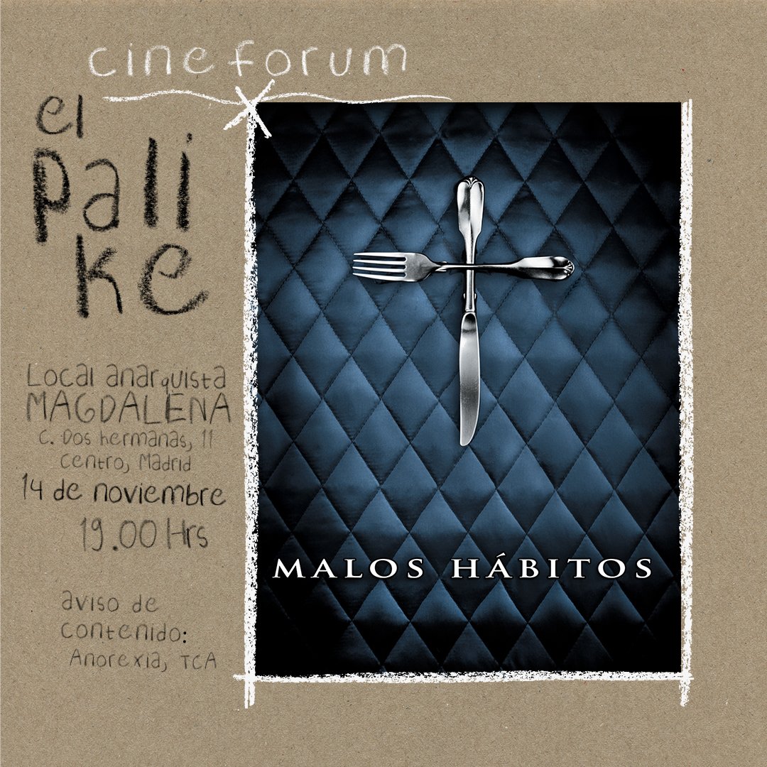 Después de la maravillosa acogida de la primera función del Cineforum El Palike, estamos a tope para seguir con el bla! bla!. Este mes proyectamos:
📷 Malos hábitos de Simón Bros. Película que da muchísima conversación sobre el placer, la culpa, la gordofobia, los TCA.
