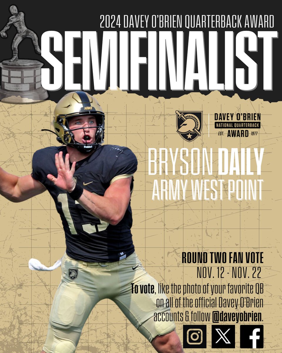 daveyobrien's tweet photo. Do your duty and vote for Daily! Like this photo on @daveyobrien official accounts on Twitter, Instagram &amp; Facebook. The top fan vote getters receive bonus Selection Committee votes as we get closer to deciding our National Quarterback of the Year! #DaveyQBs #GoArmy https://t.co/cjeJQLrCS0
