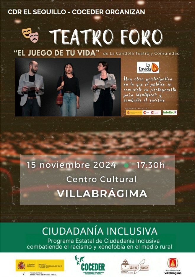 📅📣🎭 Este viernes estaremos en Villabrágima con nuestro último #teatroforo "El juego de tu vida".
Nos vemos a las 17:30 en el Centro Cultural.
Gracias a <a href="/CDRSequillo/">CDR El Sequillo</a> @Coceder por invitarnos.
#lacandela #teatroparticipativo #teatrosocial #ciudadaniainclusiva #racismo