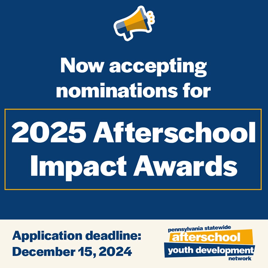 Afterschool Impact Award nominees should demonstrate exceptional efforts in creating, supporting, and promoting high-quality afterschool and out-of-school time programs that positively impact children, youth, and families throughout Pennsylvania. 
hubs.ly/Q02XYNDZ0